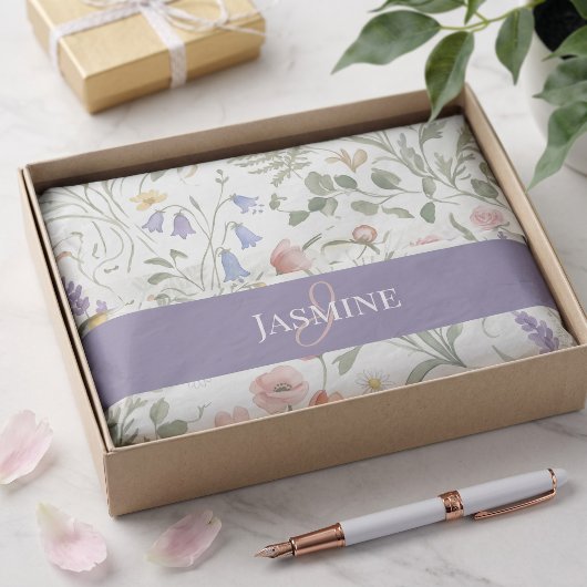 Monogramm Name Wildblume Boho Lavendel Mohnblumen Seidenpapier