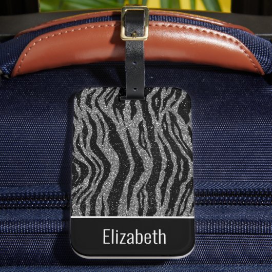 Monogramm-Name Zebramuster Schwarz Silber Grau Wei Gepäckanhänger (Vorderseite Insitu 2)