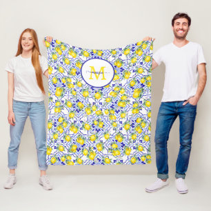 Monogramm Name Zitrone Blau Französisches Landflie Fleecedecke