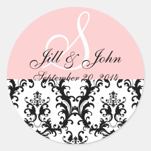 Monogramm-Namen Datum Damask Pink Hochzeitsticker Runder Aufkleber (Vorderseite)
