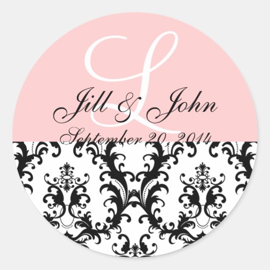 Monogramm-Namen Datum Damask Pink Hochzeitsticker Runder Aufkleber (Vorderseite)