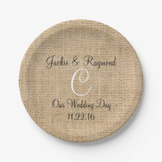 Monogramm-Namen Datum Rustikales Burlap-Monogramm Pappteller