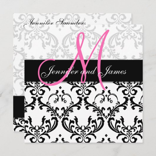 Monogramm-Namen der Damask Hochzeiten Rosa Einladung (Vorne/Hinten)