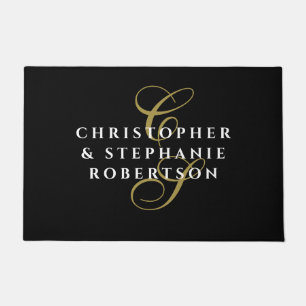 Monogramm Namen Elegant Schwarz Gold Weiß Minimali Fußmatte