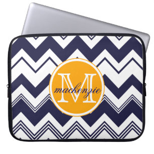 Monogramm-Namensmarine-Blau-weißes Zickzack Muste Laptopschutzhülle