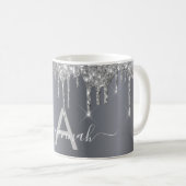 Monogramm-Namensskript für Silver Glitzer-Tropfen Kaffeetasse (VorderseiteRechts)