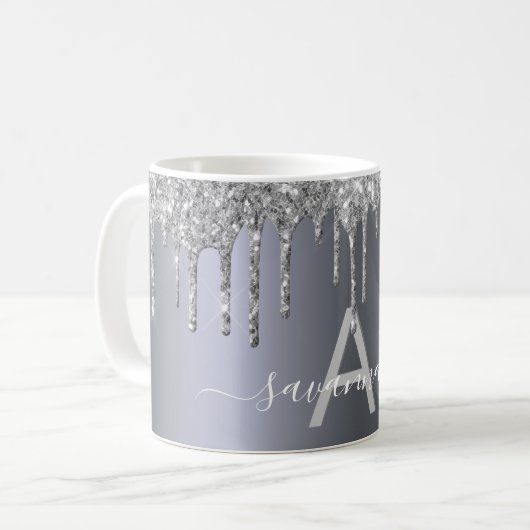 Monogramm-Namensskript für Silver Glitzer-Tropfen Kaffeetasse (Vorderseite Links)
