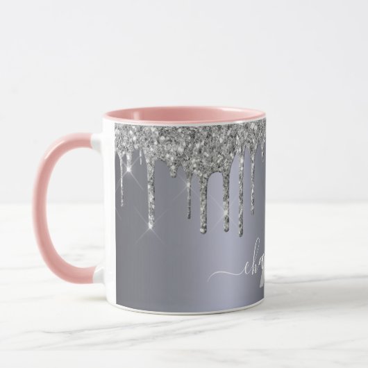 Monogramm-Namensskript für Silver Glitzer-Tropfen Tasse (Links)