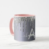 Monogramm-Namensskript für Silver Glitzer-Tropfen Tasse (Vorderseite Links)