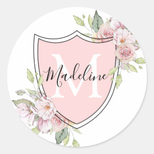 Monogramm Namenswappen mit rosa Rosen Runder Aufkleber