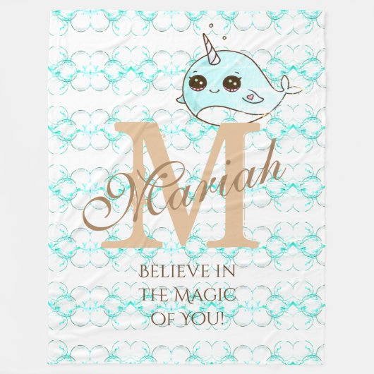 Monogramm Narwhal Fleece-Decken-Blau-Blasen Fleecedecke (Vorderseite)