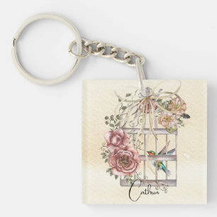Monogramm natürliche Aquarellfarben-Blume und Voge Schlüsselanhänger