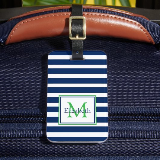 Monogramm Nautic Navy Blue und Green Strip Gepäckanhänger (Vorderseite Insitu 2)