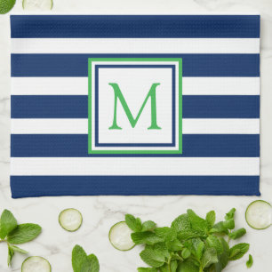 Monogramm Nautic Navy Blue und Green Strip Geschirrtuch
