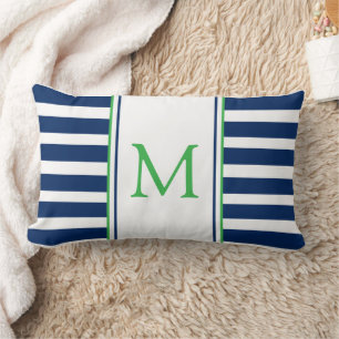 Monogramm Nautic Navy Blue und Green Strip Lendenkissen