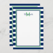 Monogramm Nautic Navy Blue und Green Strip Mitteilungskarte (Vorne/Hinten)