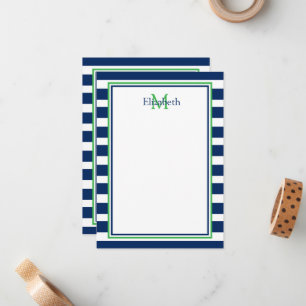 Monogramm Nautic Navy Blue und Green Strip Mitteilungskarte