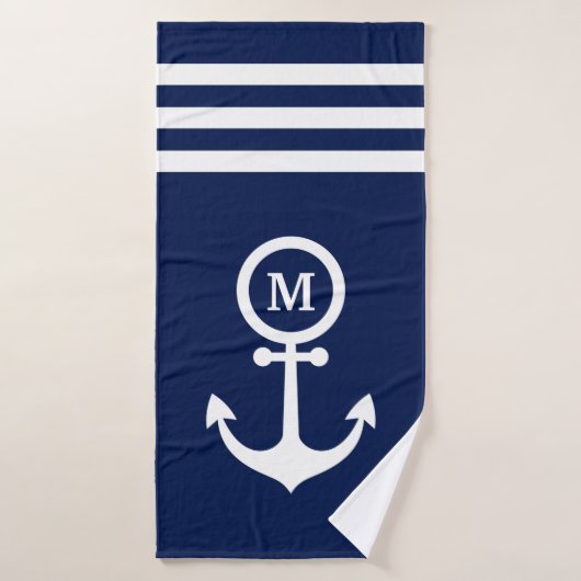Monogramm Nautical Navy Blue Anker Streifen Custom Badehandtuch (Badehandtuch)
