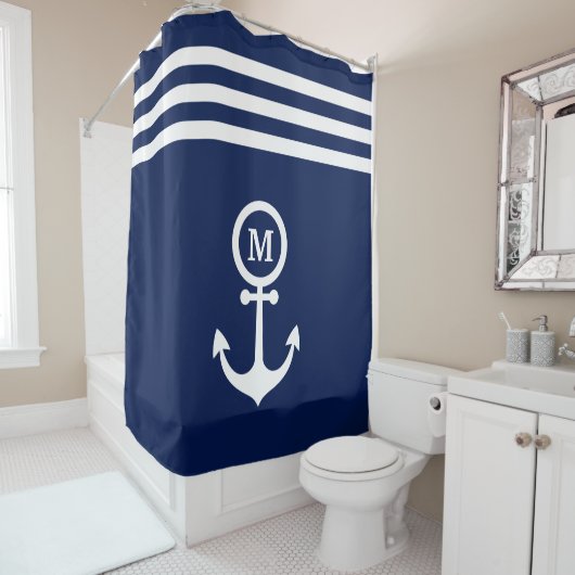 Monogramm Nautical Navy Blue Anker Streifen Custom Duschvorhang (Beispiel)