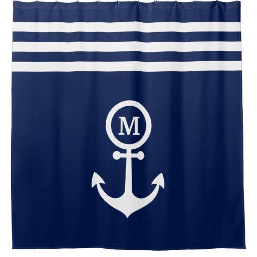 Monogramm Nautical Navy Blue Anker Streifen Custom Duschvorhang (Vorderseite)