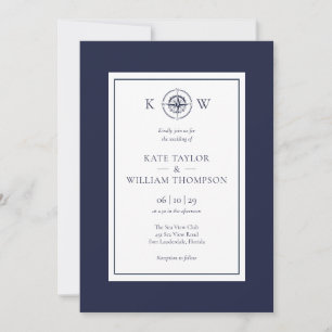 Monogramm-Nautik-Kompass Navy Blau Hochzeit  Einladung