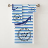 Monogramm nautischer blauer Anker auf blauen Strei Badhandtuch Set (Insitu)
