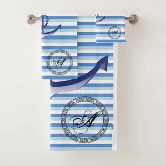 Monogramm nautischer blauer Anker auf blauen Strei Badhandtuch Set (Insitu)