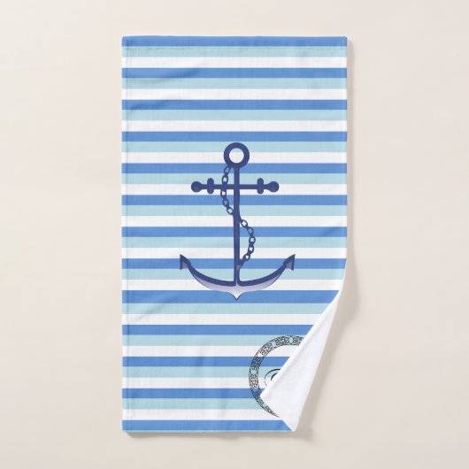 Monogramm nautischer blauer Anker auf blauen Strei Badhandtuch Set (Handtuch)