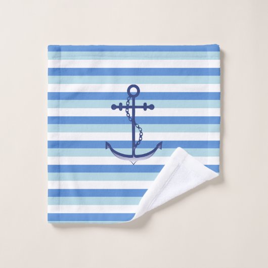 Monogramm nautischer blauer Anker auf blauen Strei Badhandtuch Set (Waschlappen)