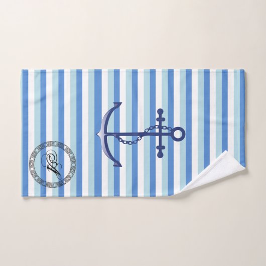 Monogramm nautischer blauer Anker auf blauen Strei Badhandtuch Set (Handtuch)