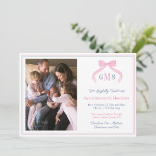 Monogramm Navy and Pink Bow Welcome Baby Foto Ankündigung