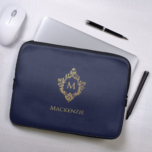 Monogramm Navy Blau Falschgold Vintage-Wappen Anfa Laptopschutzhülle