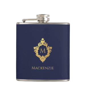 Monogramm Navy Blau Faux-Gold Elegantes Vintage-Wa Flachmann
