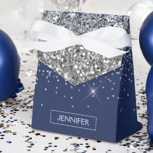 Monogramm Navy Blau Silber Glam Glitter Geschenkschachtel