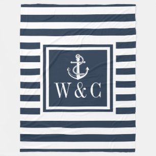 Monogramm Navy Blau Streifen Nautischer Bootsanker Fleecedecke