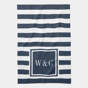 Monogramm Navy Blau Weiße Streifen Personalisiert Geschirrtuch