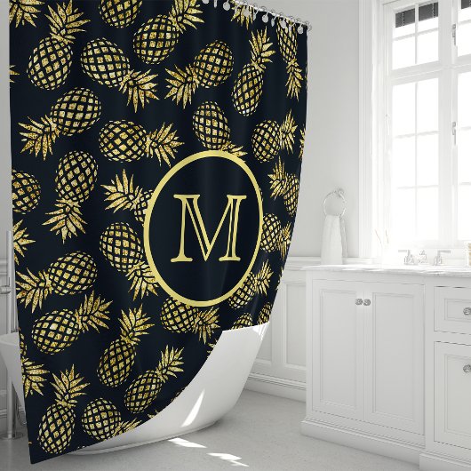 Monogramm Navy Blue and Gold Pineapa Duschvorhang