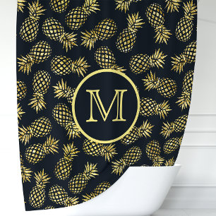 Monogramm Navy Blue and Gold Pineapa Duschvorhang