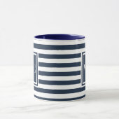 Monogramm Navy Blue and White Strip Tasse (Zentrum)