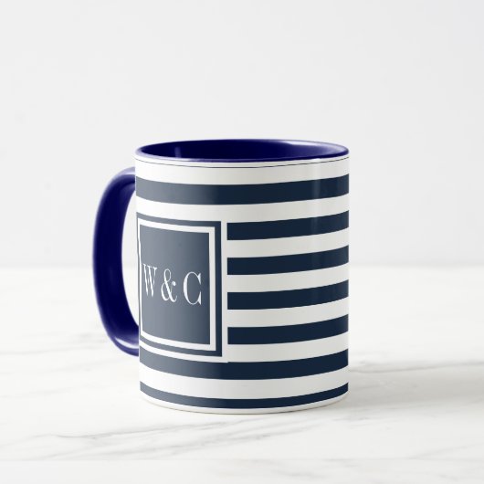 Monogramm Navy Blue and White Strip Tasse (Vorderseite Links)