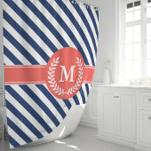 Monogramm Navy Blue & Coral Nautical Stripes Duschvorhang
