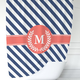 Monogramm Navy Blue & Coral Nautical Stripes Duschvorhang