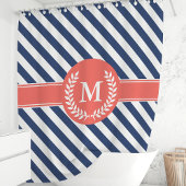 Monogramm Navy Blue & Coral Nautical Stripes Duschvorhang