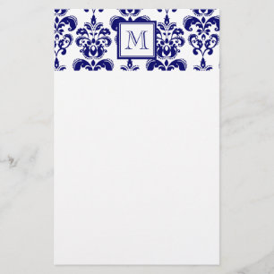 Monogramm, Navy Blue Damask Muster 2 Briefpapier