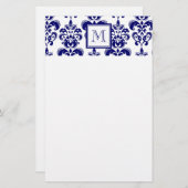 Monogramm, Navy Blue Damask Muster 2 Briefpapier (Vorne/Hinten)