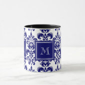 Monogramm, Navy Blue Damask Muster 2 Tasse (Zentrum)