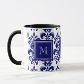 Monogramm, Navy Blue Damask Muster 2 Tasse (Links)