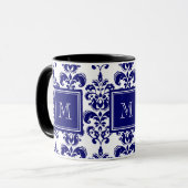 Monogramm, Navy Blue Damask Muster 2 Tasse (Vorderseite Links)