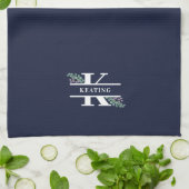 Monogramm Navy Blue Greenery & Berries  Geschirrtuch (Gefaltet)