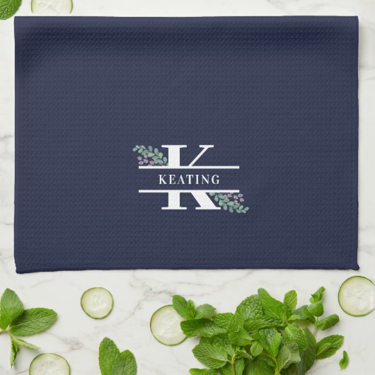 Monogramm Navy Blue Greenery & Berries  Geschirrtuch (Gefaltet)